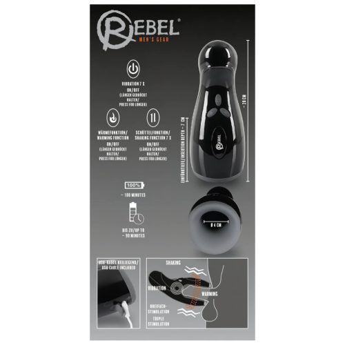 Rebel - fűthető, vibráló, fel-le mozgó maszturbátor férfiaknak (fekete)