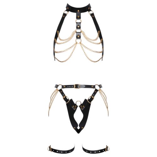 ZADO - 2 részes bőr bondage hám szett BDSM játékhoz (fekete-arany)