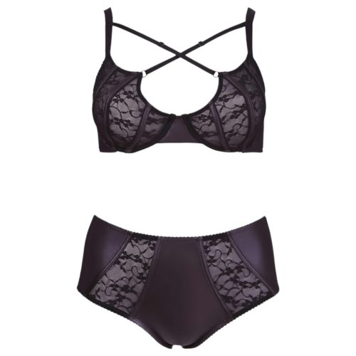Cottelli Plus Size - keresztpántos melltartó és bugyi (fekete)