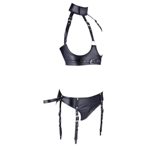 Cottelli Bondage - fényes push-up melltartó szett bilinccsel (fekete)