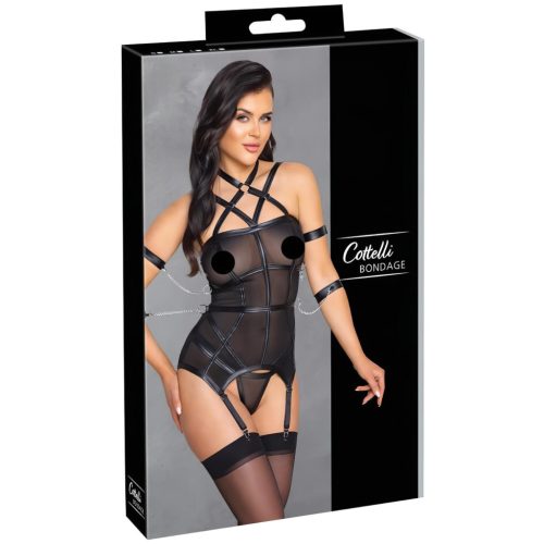 Cottelli Bondage - pántos felső, kar bilincs és tanga (fekete)