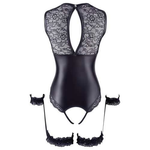 Cottelli Bondage - fényes nyitott body és kar bilincs (fekete)