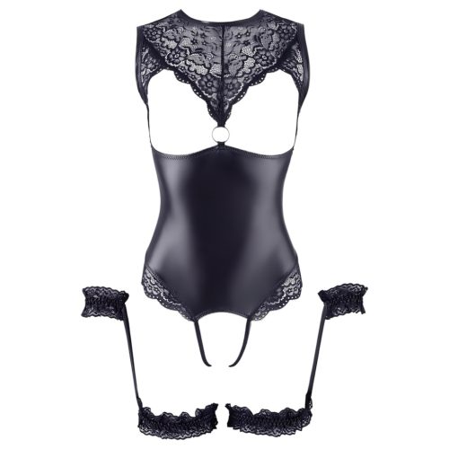 Cottelli Bondage - fényes nyitott body és kar bilincs (fekete)