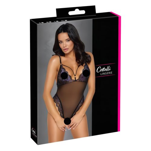 Cottelli - hímzett, nyitott csipke body (fekete-lila)
