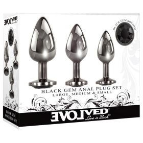   Evolved Black Gem - fém anál plug szett, fekete kővel (ezüst)